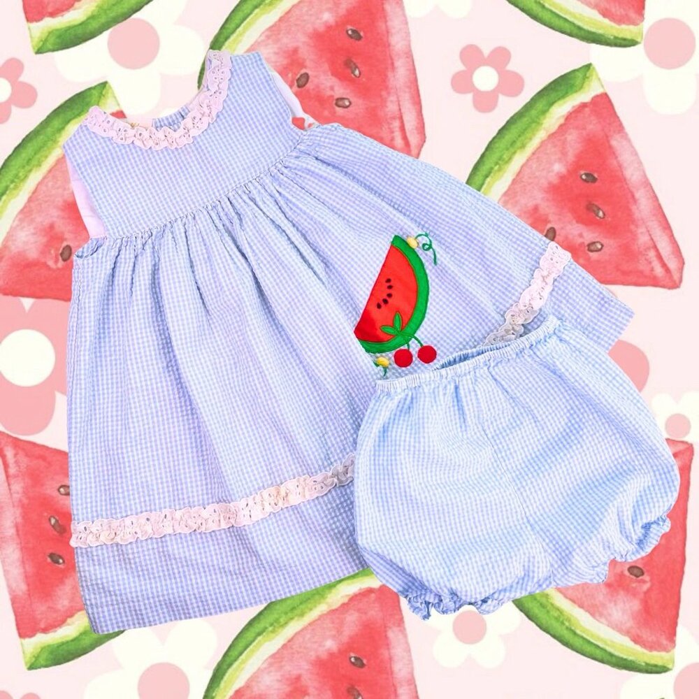 Little Bitty Baby Girl Watermelon Blue Gingham Dress 24M Set Of 2 Summer